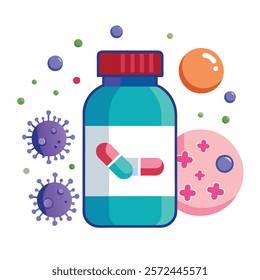 Medicine Concept with Bottle and Microbe - Health and Science Illustration