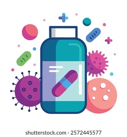 Medicine Concept with Bottle and Microbe - Health and Science Illustration