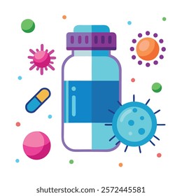 Medicine Concept with Bottle and Microbe - Health and Science Illustration