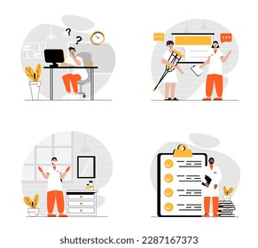 Medicine concept with character set. Collection of scenes people works as doctor and nurses, doing online consults, diagnose patients and prescribe treatment. Vector illustrations in flat web design