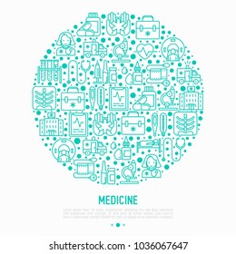 Medicine concept in circle with thin line icons: doctor, ambulance, stethoscope, microscope, thermometer, hospital, z-ray image, MRI scanner. Modern vector illustration for medical survey, report.