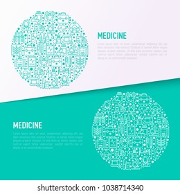 Medicine concept in circle with thin line icons: doctor, ambulance, stethoscope, microscope, thermometer, hospital, z-ray image, MRI scanner. Modern vector illustration for medical survey, report.