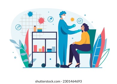 Medicine concept Covid with people scene in the flat cartoon style. A woman came to the laboratory to take a test for a dangerous disease. Vector illustration.
