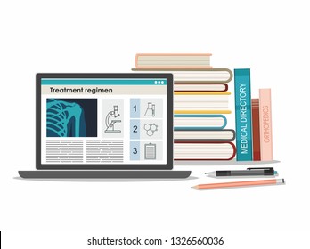 Medicine Concept. Digital Tablet And Medical Book. Education. White Background. Vector Illustration