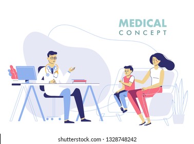 Medicine concept with doctor and family patients. Practitioner doctor man and young woman with child patient in hospital medical office. Consultation and diagnosis.