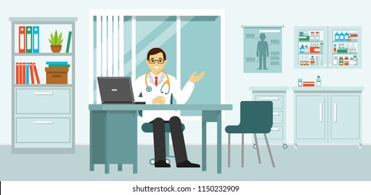 Medicine concept with doctor in flat style. Practitioner young doctor man in hospital medical office. Consultation and diagnosis.