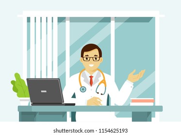 Medicine concept with doctor in flat style. Practitioner young doctor man in hospital medical office. Consultation and diagnosis.