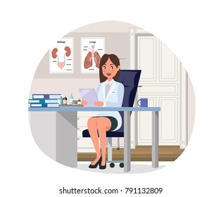 Medicine concept with doctor in flat style. Practitioner doctor woman in hospital medical office. Consultation and diagnosis