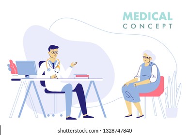 Medicine concept with doctor and old patient. Practitioner doctor man and senior woman patient in hospital medical office. Consultation and diagnosis.