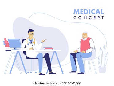 Medicine Concept With Doctor And Old Patient. Practitioner Doctor Man And Senior Patient In Hospital Medical Office. Consultation And Diagnosis.