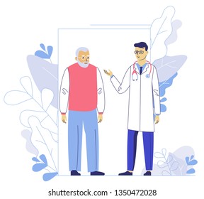 Medicine concept with doctor and old patient on plant background. Practitioner doctor and senior man patient in hospital medical office. Consultation and diagnosis.