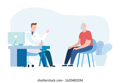 Medicine concept with a doctor and old patient in hospital medical office. Consultation and diagnosis. Vector illustration flat style