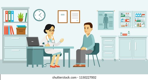 Medicine concept with doctor and patient in flat style. Practitioner doctor woman and young man patient in hospital medical office. Consultation and diagnosis.