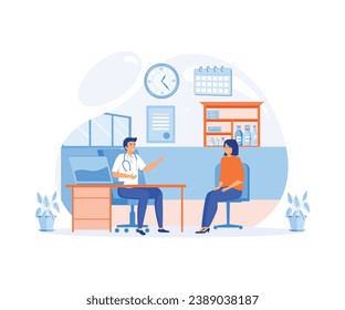 Medicine concept with doctor and patient in flat style. Practitioner doctor man and young woman patient in hospital medical office.  flat vector modern illustration 