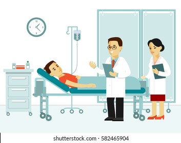 Medicine concept with doctor and patient in flat style isolated on white background. Practitioner man and young woman nurse in hospital medical office. Medical checkup and treatment