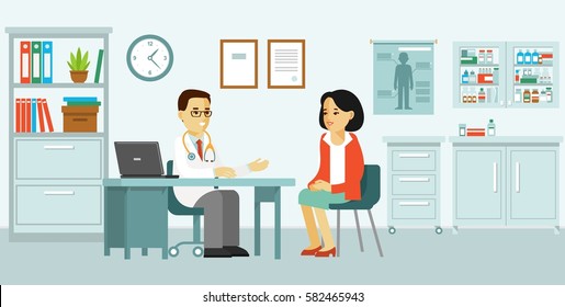 Medicine concept with doctor and patient in flat style. Practitioner doctor man and young woman patient in hospital medical office. Consultation and diagnosis
