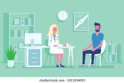 Medicine Concept With A Doctor And Patient In Hospital Medical Office. Consultation And Diagnosis. Vector Illustration Flat Style. 