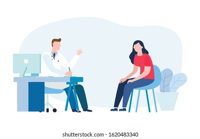 Medicine concept with a doctor and patient in hospital medical office. Consultation and diagnosis. Vector illustration flat style