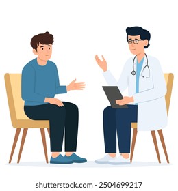 Medicine concept with a doctor and patient in hospital medical office. Consultation and diagnosis. Vector illustration flat style
