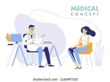 Medicine concept with doctor and patient. Practitioner doctor man and young woman patient in hospital medical office. Consultation and diagnosis.