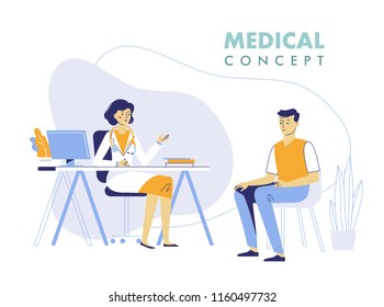 Medicine concept with doctor and patient. Practitioner doctor woman and young man patient in hospital medical office. Consultation and diagnosis.