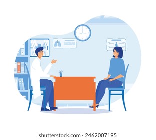 Medicine concept with doctor and patient. Practitioner doctor man and young woman patient in hospital medical office. flat vector modern illustration 