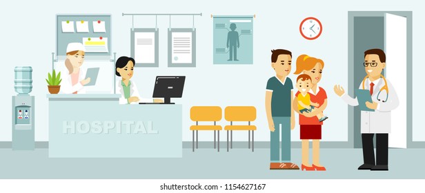 Medicine Concept With Doctor And Patients In Hospital Hall Background. Young Doctor Man And Medical Staff Women In Reception Hospital. Consultation And Medical Diagnosis For Family With Children
