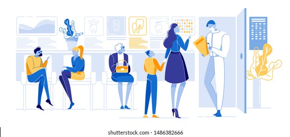 Medicine Concept with Doctor and Patients in Hospital Hall Flat Cartoon Vector Illustration. Medical practitioner Consulting and Giving Medical Diagnosis for illn People. CharactersWaiting in Line.