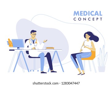 Medicine concept with doctor and pregnant woman. Practitioner doctor man and young pregnant woman patient in hospital medical office. Consultation and diagnosis.