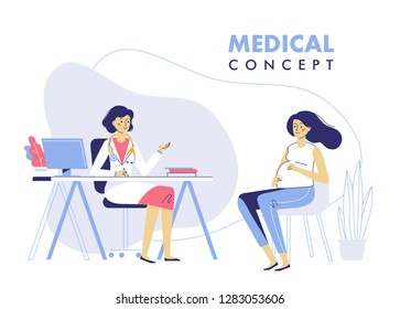 Medicine concept with doctor and pregnant woman. Practitioner doctor and young pregnant girl patient in hospital medical office. Consultation and diagnosis.