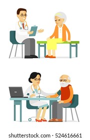 Medicine concept with doctor and senior patient in flat style isolated on white background. Practitioner young doctors man and woman and elderly patients in hospital. Consultation medical diagnosis