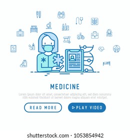 Medicine concept: doctor with stethoscope at work. Thin line icons around: ambulance, microscope, thermometer, hospital, z-ray image, MRI scanner, tonometer. Vector illustration, web page template.