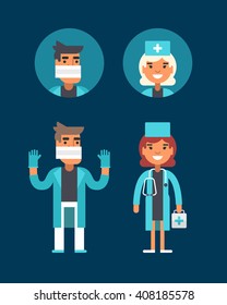 Medicine Concept. Doctor, Surgeon, Emergency Physician. Male and Female Cartoon Characters Avatar. Flat Style Vector Illustrations for Web Banners or Promotional Materials