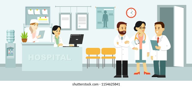 Medicine concept with doctors in flat style on hospital hall background. Young doctor man and woman, medical staff in reception hospital. Consultation and medical diagnosis for people.