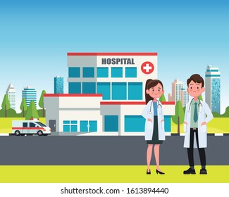 Medicine concept with doctors in flat style isolated on blue background. Practitioner young doctor man and woman, hospital building, ambulance car. Medical staff