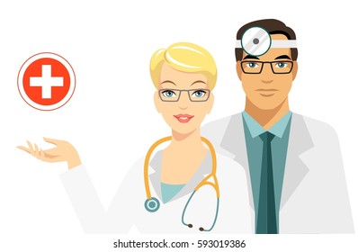 Medicine concept with doctors in flat style isolated on white background. Practitioner young doctors man and woman standing together. Medical staff. Cross sign