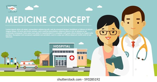 Medicine concept with doctors in flat style isolated on blue background. Practitioner young doctor man and woman, hospital building, ambulance car and helicopter. Medical staff
