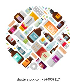 Medicine concept. Drug, medication, bottles and pills icons. Vector illustration