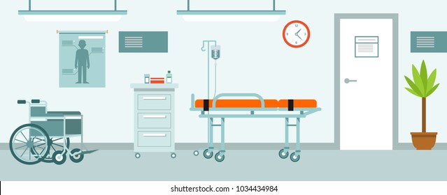 Medicine concept empty hospital corridor in flat style. Modern hospital hall interior with furniture and equipment. Vector illustration