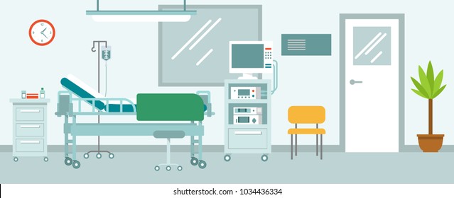 Medicine concept empty hospital reception hall in flat style. Modern hospital corridor interior with furniture and equipment. Vector illustration.