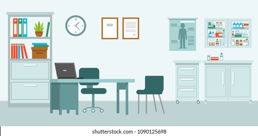Medicine concept with empty medical office in flat style. Modern hospital room interior with furniture and equipment for consultation and diagnosis. Vector illustration