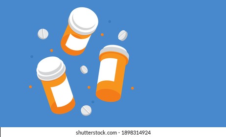 Medicine concept - Falling plastic medicine bottles on a blue background. Medication supplements. Concept of pharmacy, treatment, vitamins, drugs.