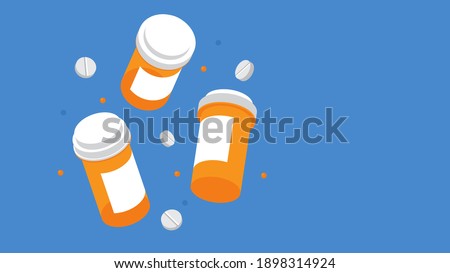 Medicine concept - Falling plastic medicine bottles on a blue background. Medication supplements. Concept of pharmacy, treatment, vitamins, drugs.