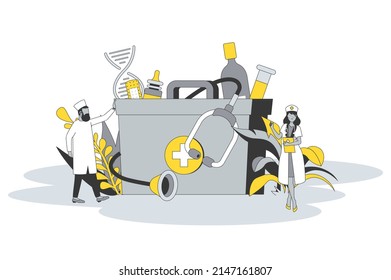 Medicine concept in flat line design. People receive medical services, doctor and nurse consult and diagnose patients, prescribe medicines and treatment. Vector illustration with outline scene for web