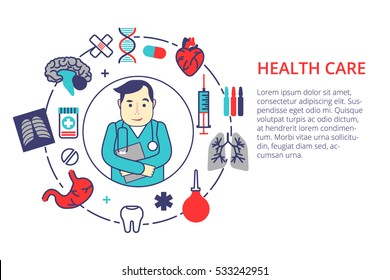 Medicine concept in flat line style. Health care vector illustration with doctor and medical items. For web, info graphic and banner.