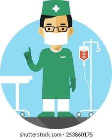 Medicine concept in flat style with doctor surgeon on hospital background 