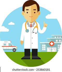 Medicine concept in flat style with doctor on background with hospital and ambulance 