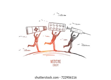 Medicine concept. Hand drawn people with pills and syringe. Persons running with medicine objects isolated vector illustration.