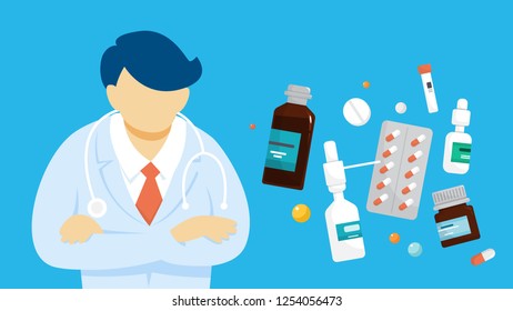Medicine concept. Idea of healthcare and pharmacy. Doctor consultation online. Flat vector illustration