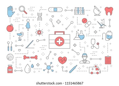 Medicine concept . Idea of treatment and healthcare. Diet, sport, relaxation and checkup. Set of medical icons. Isolated flat vector illustration